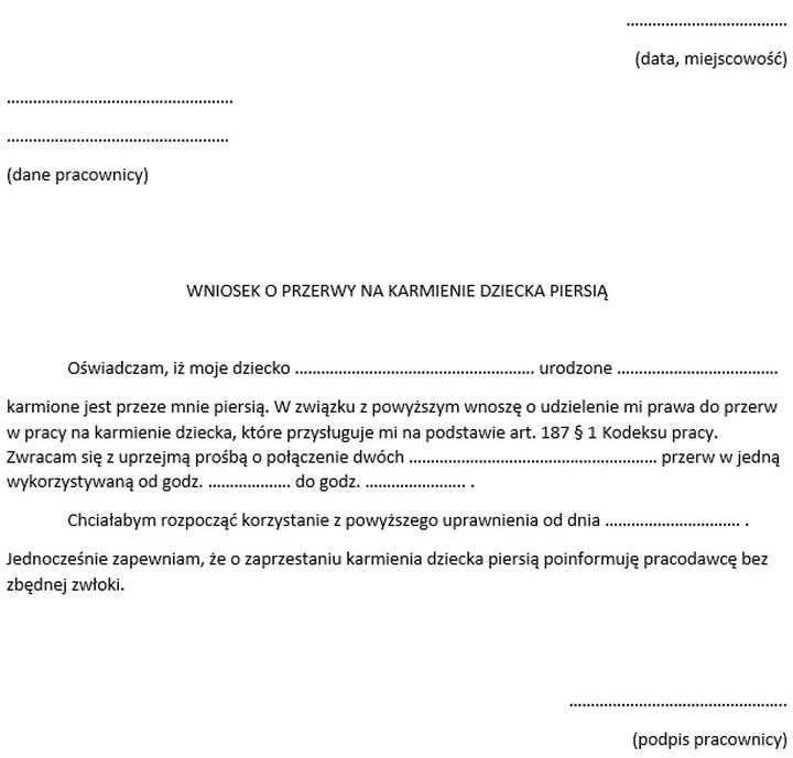 Wzór wniosku o karmienie piersią